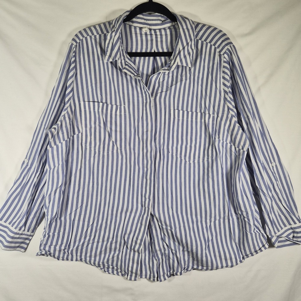 Beach Lunch Lounge Womens 1X Blue White Striped Oversized Button Down Shirt